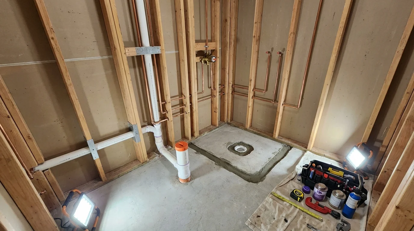 Bathroom rough-in plumbing during remodel by Johns Plumbing LLC in Kent City
