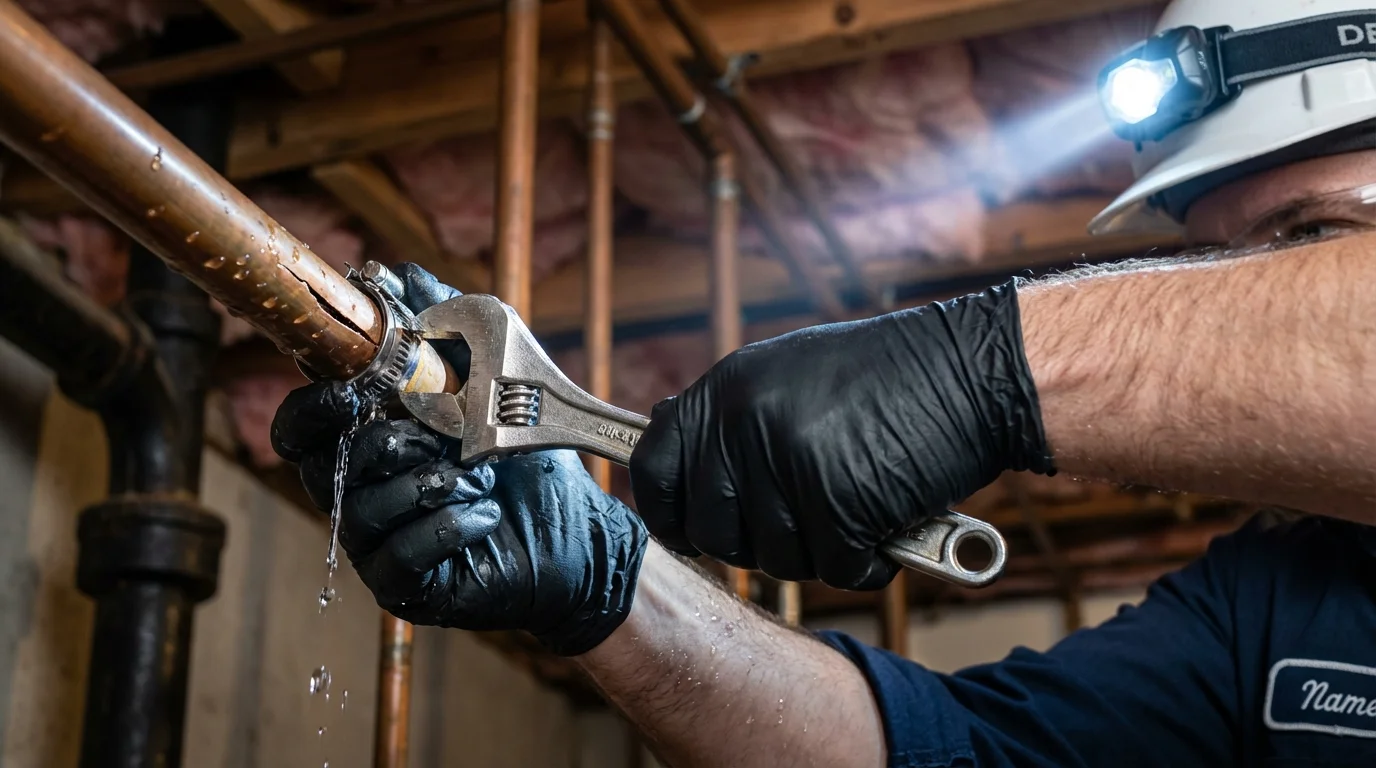 Emergency pipe clamp repair being performed by a Johns Plumbing LLC plumber in Kent City