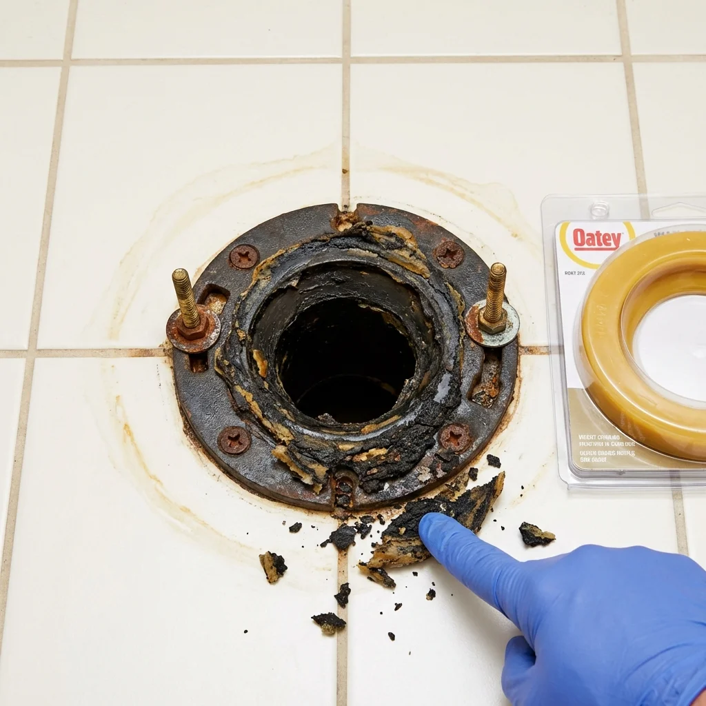 Failed wax ring showing water seepage at the base of a toilet in a Kent City, MI home