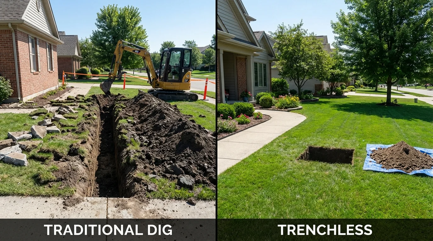 Trenchless sewer repair with minimal yard damage versus traditional excavation in Kent City, MI